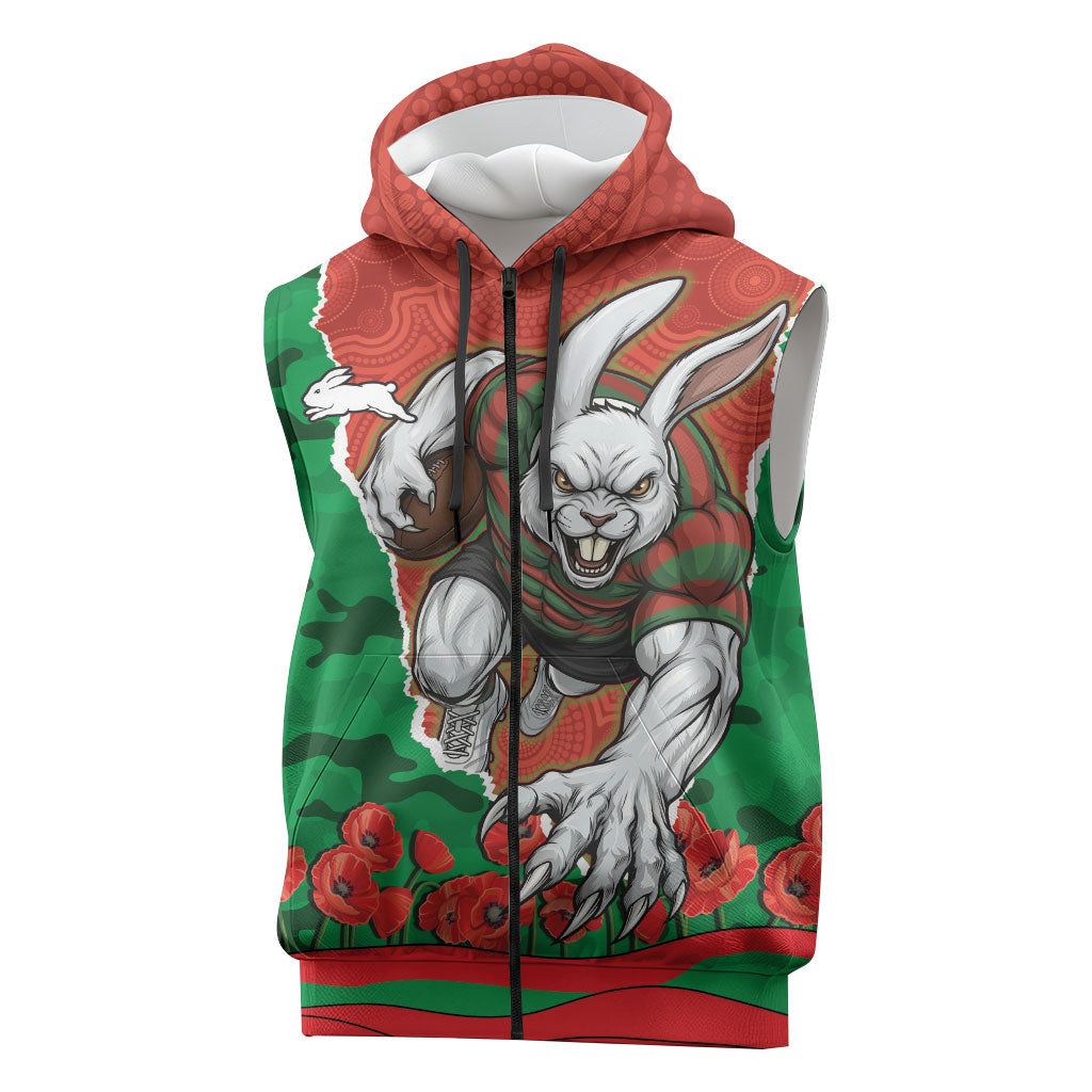 Personalized South Sydney Rabbitohs ANZAC Tribute Sleeveless Zip Hoodie Poppy Field Soldier Silhouette Aboriginal Rugby Mascot