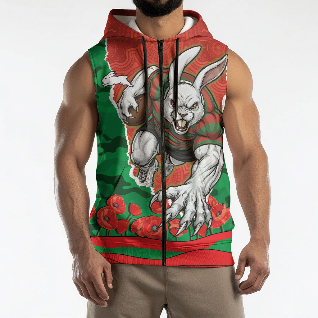 Personalized South Sydney Rabbitohs ANZAC Tribute Sleeveless Zip Hoodie Poppy Field Soldier Silhouette Aboriginal Rugby Mascot