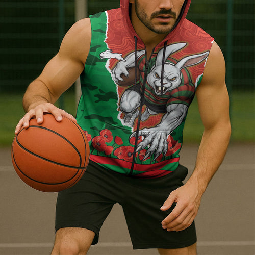 Personalized South Sydney Rabbitohs ANZAC Tribute Sleeveless Zip Hoodie Poppy Field Soldier Silhouette Aboriginal Rugby Mascot