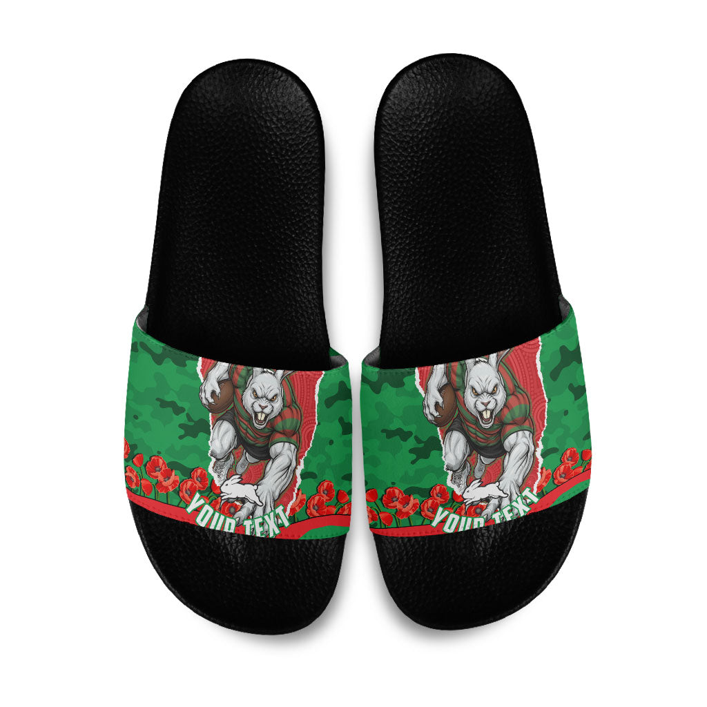 Personalized South Sydney Rabbitohs ANZAC Tribute Slide Sandals Poppy Field Soldier Silhouette Aboriginal Rugby Mascot
