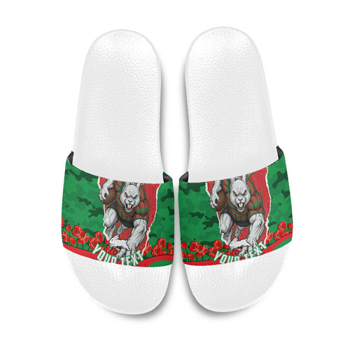 Personalized South Sydney Rabbitohs ANZAC Tribute Slide Sandals Poppy Field Soldier Silhouette Aboriginal Rugby Mascot