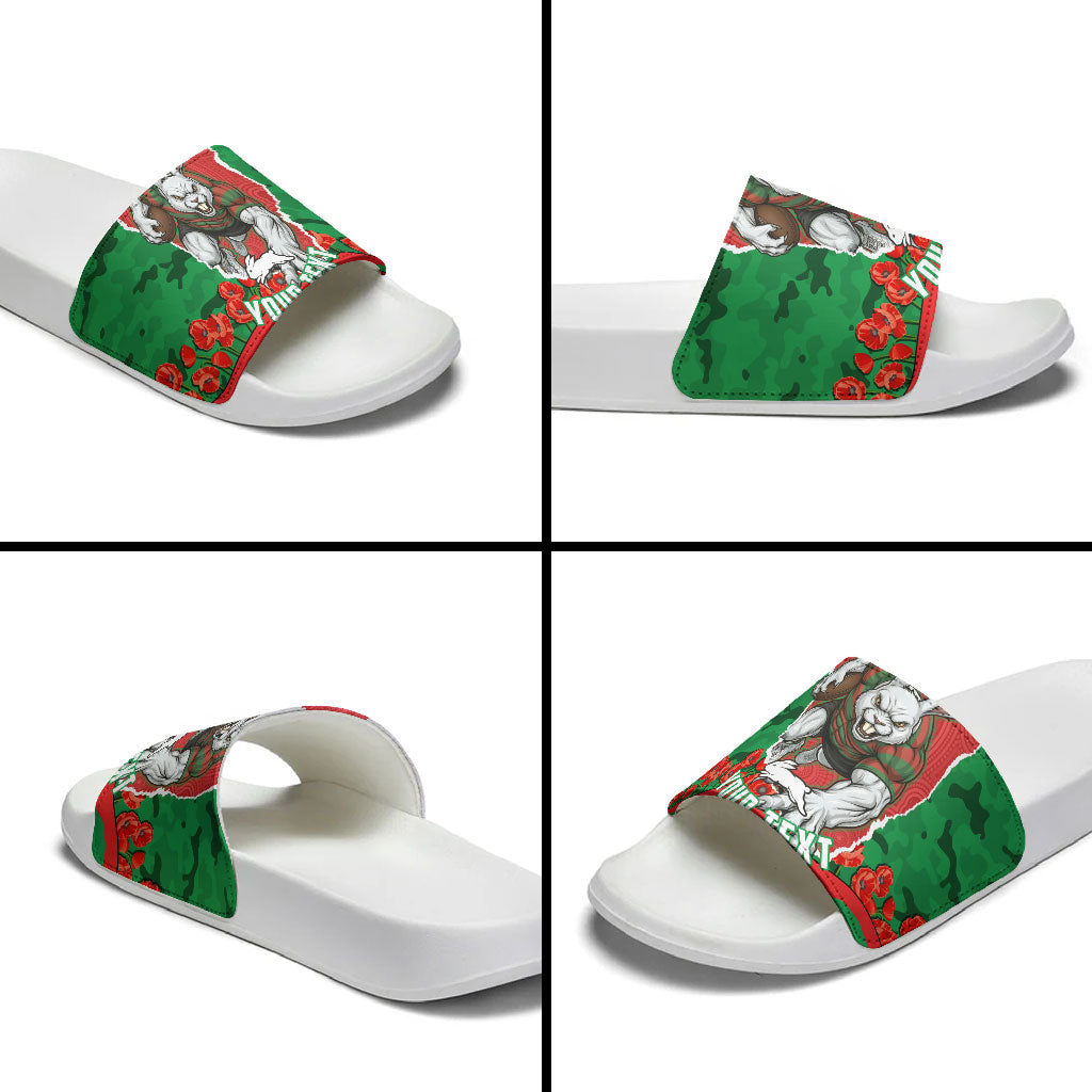 Personalized South Sydney Rabbitohs ANZAC Tribute Slide Sandals Poppy Field Soldier Silhouette Aboriginal Rugby Mascot