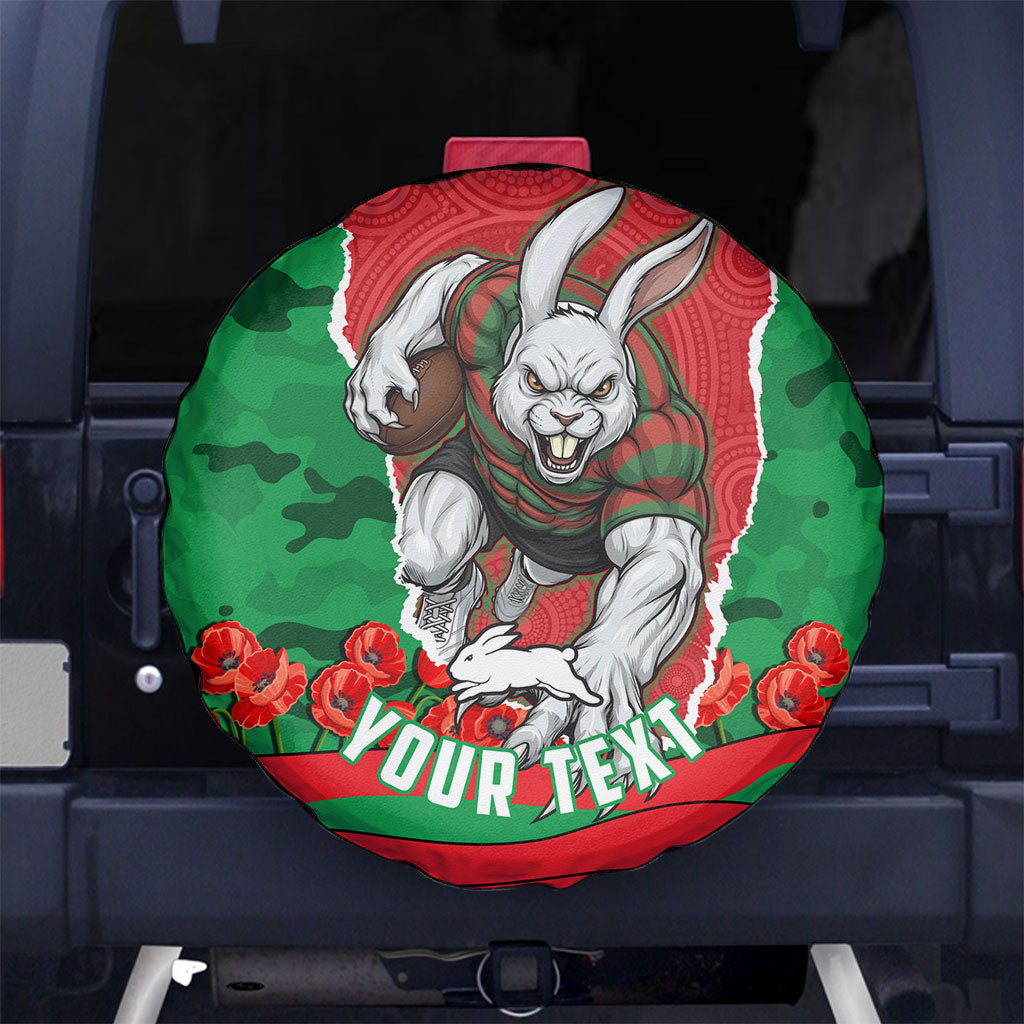 Personalized South Sydney Rabbitohs ANZAC Tribute Spare Tire Cover Poppy Field Soldier Silhouette Aboriginal Rugby Mascot