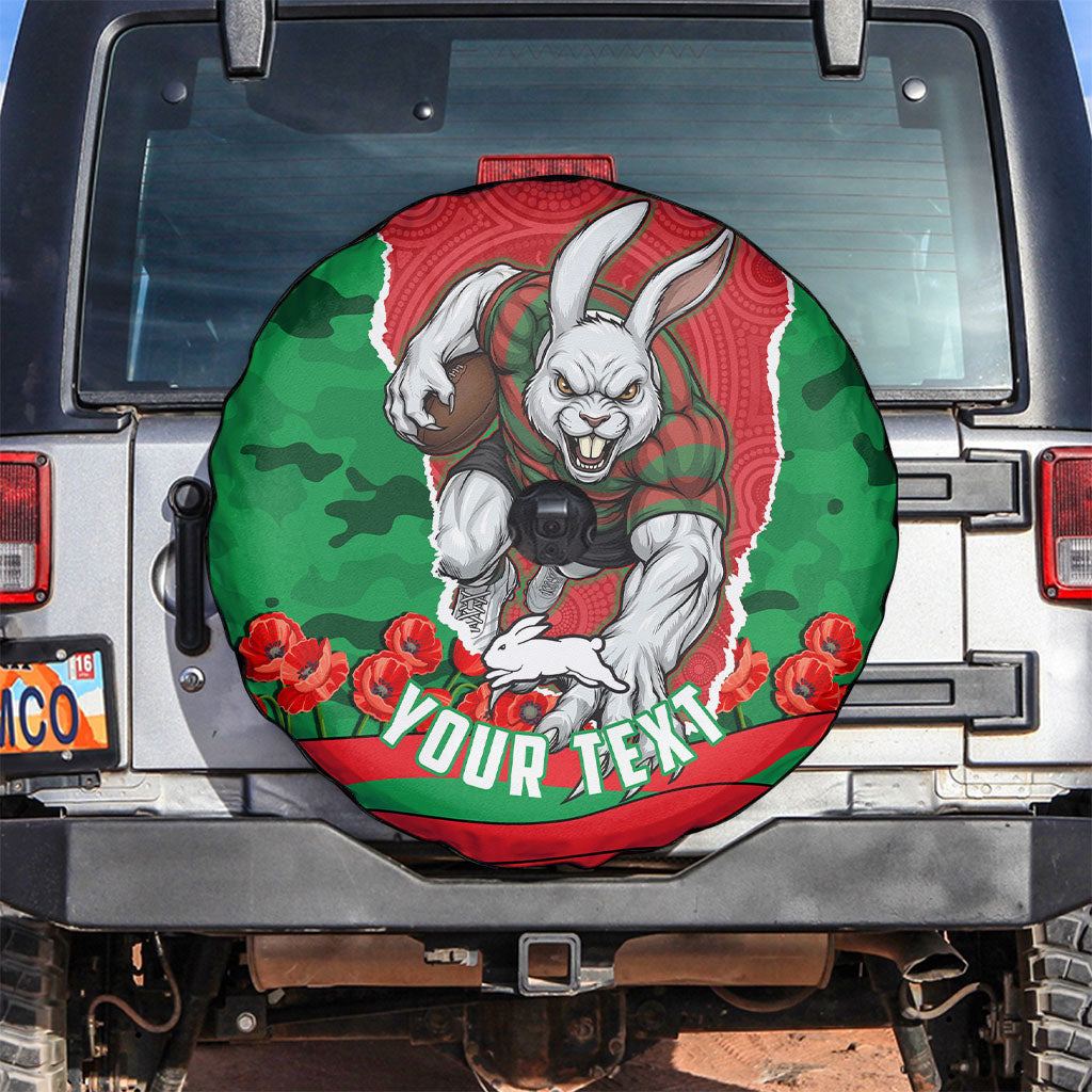 Personalized South Sydney Rabbitohs ANZAC Tribute Spare Tire Cover Poppy Field Soldier Silhouette Aboriginal Rugby Mascot