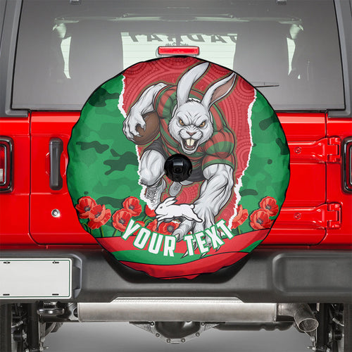 Personalized South Sydney Rabbitohs ANZAC Tribute Spare Tire Cover Poppy Field Soldier Silhouette Aboriginal Rugby Mascot