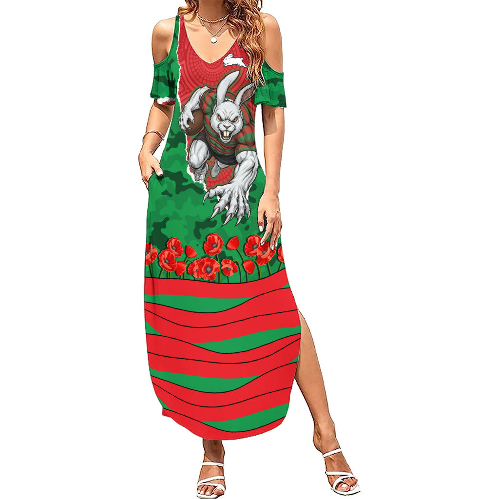 Personalized South Sydney Rabbitohs ANZAC Tribute Summer Maxi Dress Poppy Field Soldier Silhouette Aboriginal Rugby Mascot