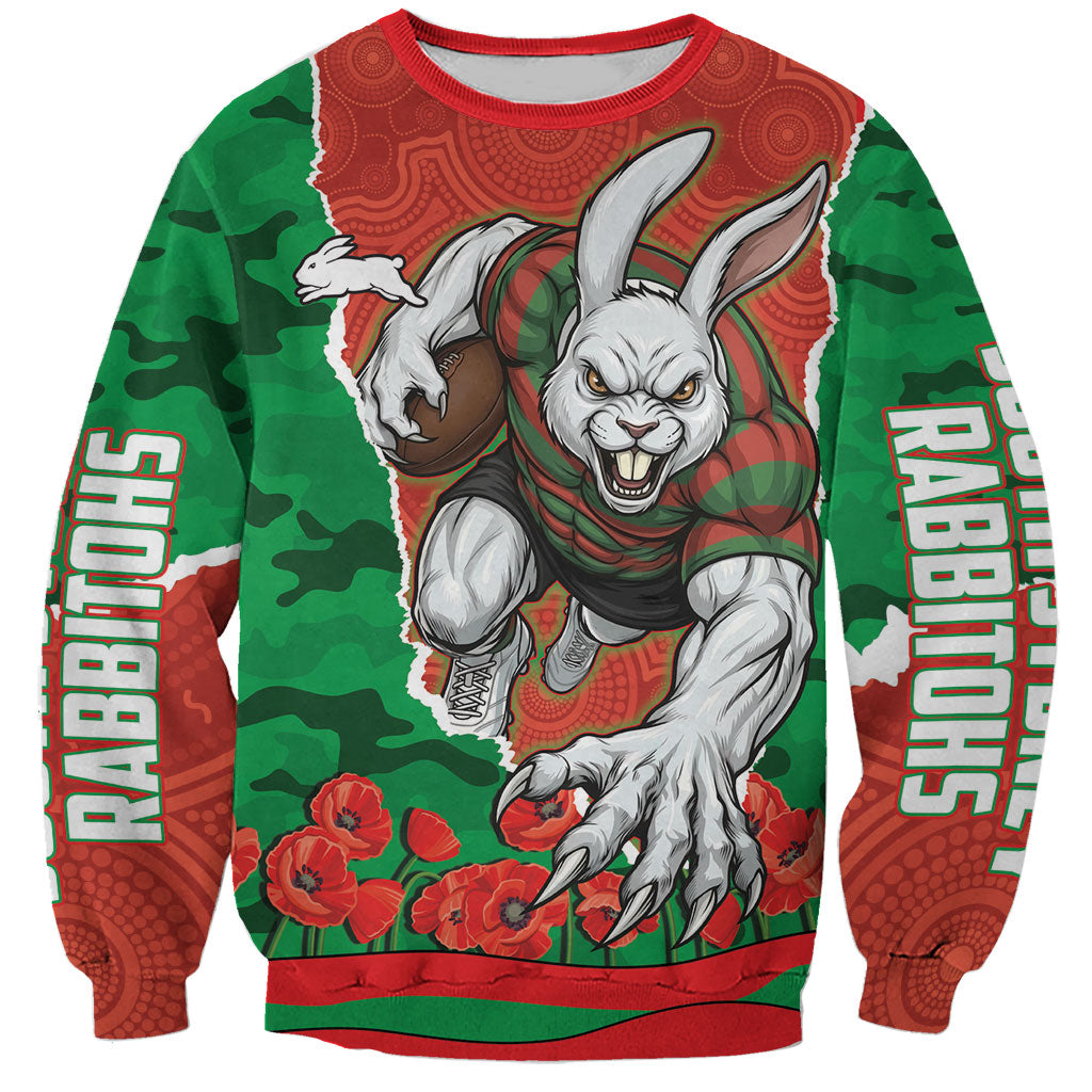 Personalized South Sydney Rabbitohs ANZAC Tribute Sweatshirt Poppy Field Soldier Silhouette Aboriginal Rugby Mascot
