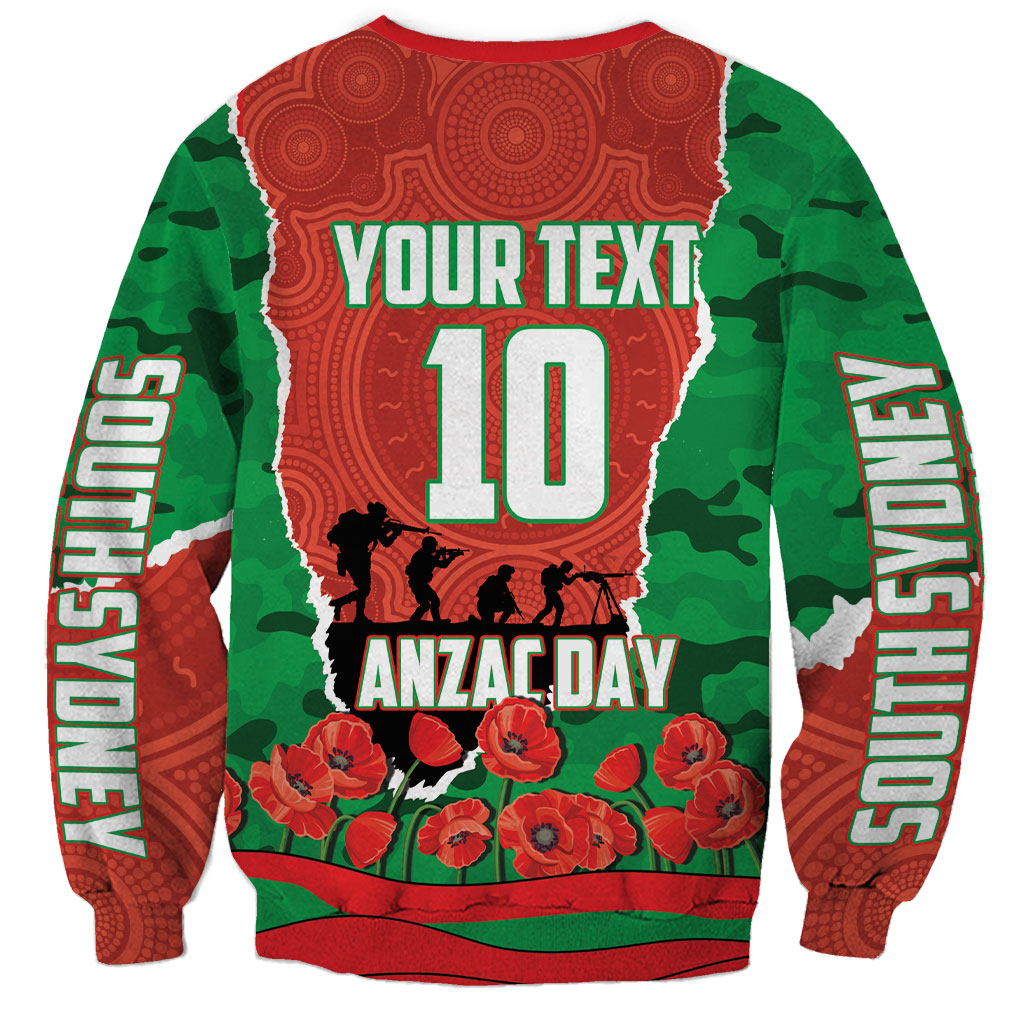 Personalized South Sydney Rabbitohs ANZAC Tribute Sweatshirt Poppy Field Soldier Silhouette Aboriginal Rugby Mascot