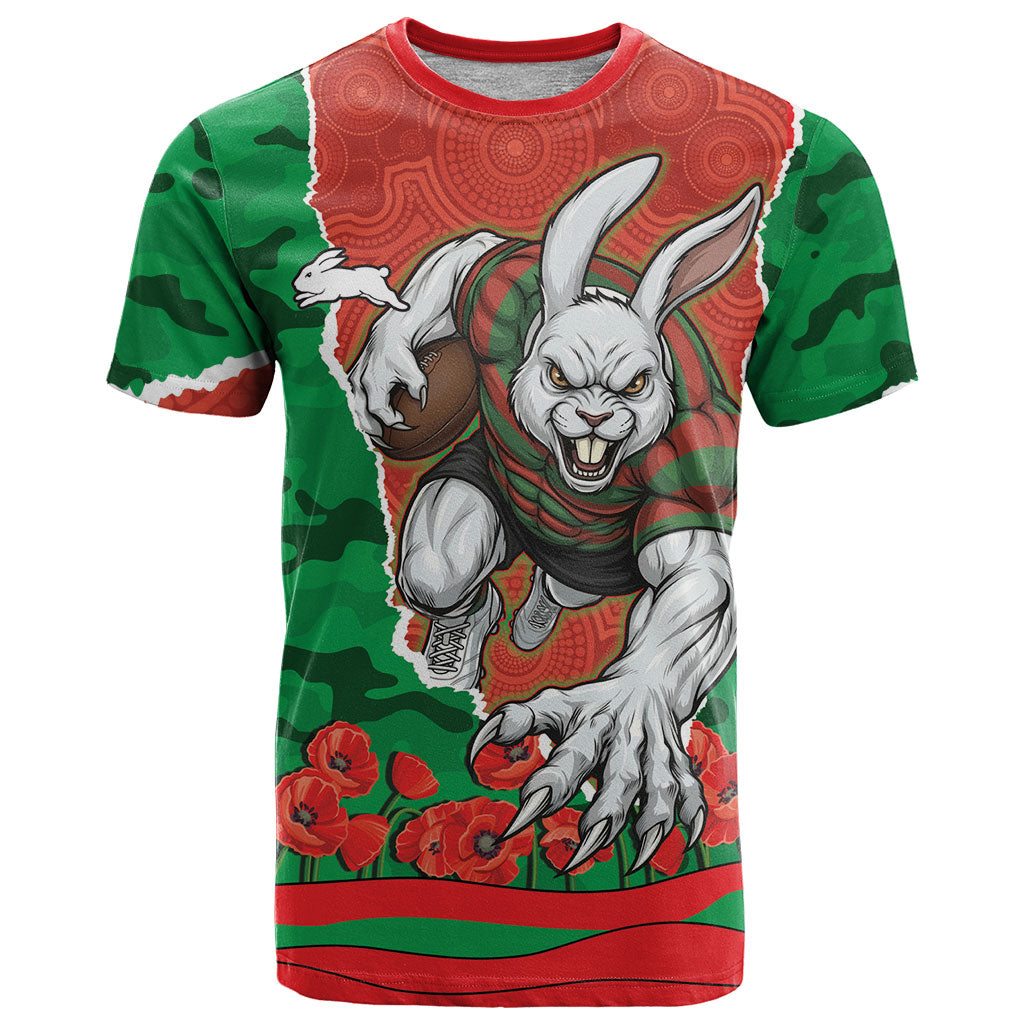 Personalized South Sydney Rabbitohs ANZAC Tribute T Shirt Poppy Field Soldier Silhouette Aboriginal Rugby Mascot