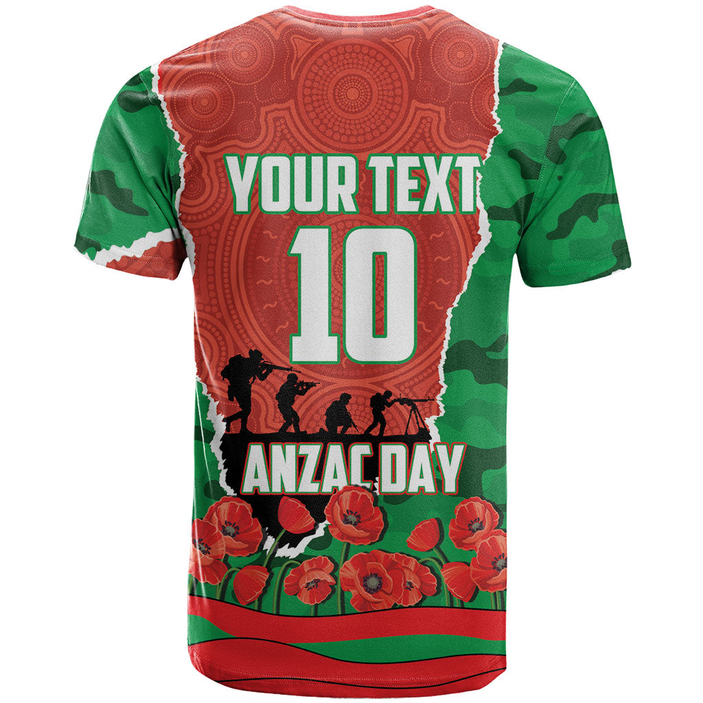 Personalized South Sydney Rabbitohs ANZAC Tribute T Shirt Poppy Field Soldier Silhouette Aboriginal Rugby Mascot