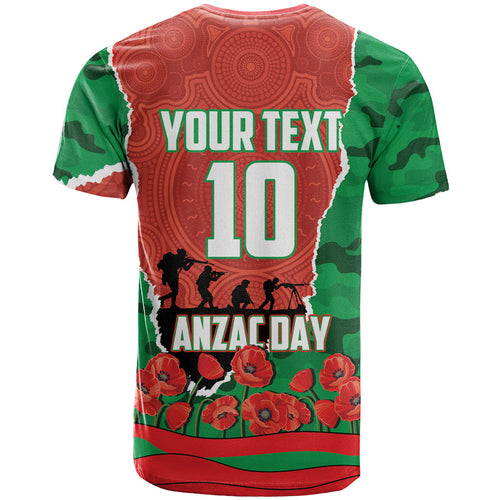 Personalized South Sydney Rabbitohs ANZAC Tribute T Shirt Poppy Field Soldier Silhouette Aboriginal Rugby Mascot