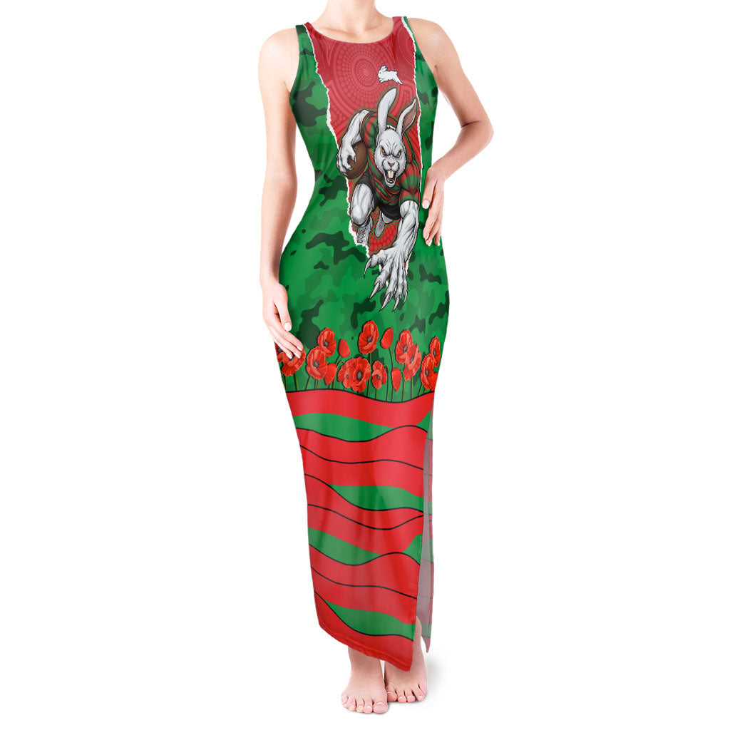 Personalized South Sydney Rabbitohs ANZAC Tribute Tank Maxi Dress Poppy Field Soldier Silhouette Aboriginal Rugby Mascot