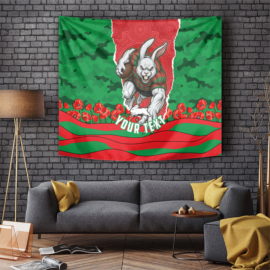 Personalized South Sydney Rabbitohs ANZAC Tribute Tapestry Poppy Field Soldier Silhouette Aboriginal Rugby Mascot