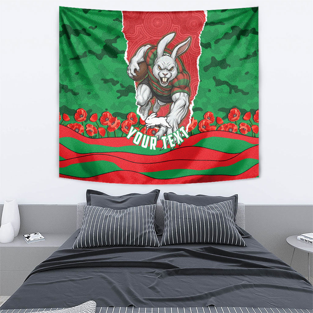 Personalized South Sydney Rabbitohs ANZAC Tribute Tapestry Poppy Field Soldier Silhouette Aboriginal Rugby Mascot