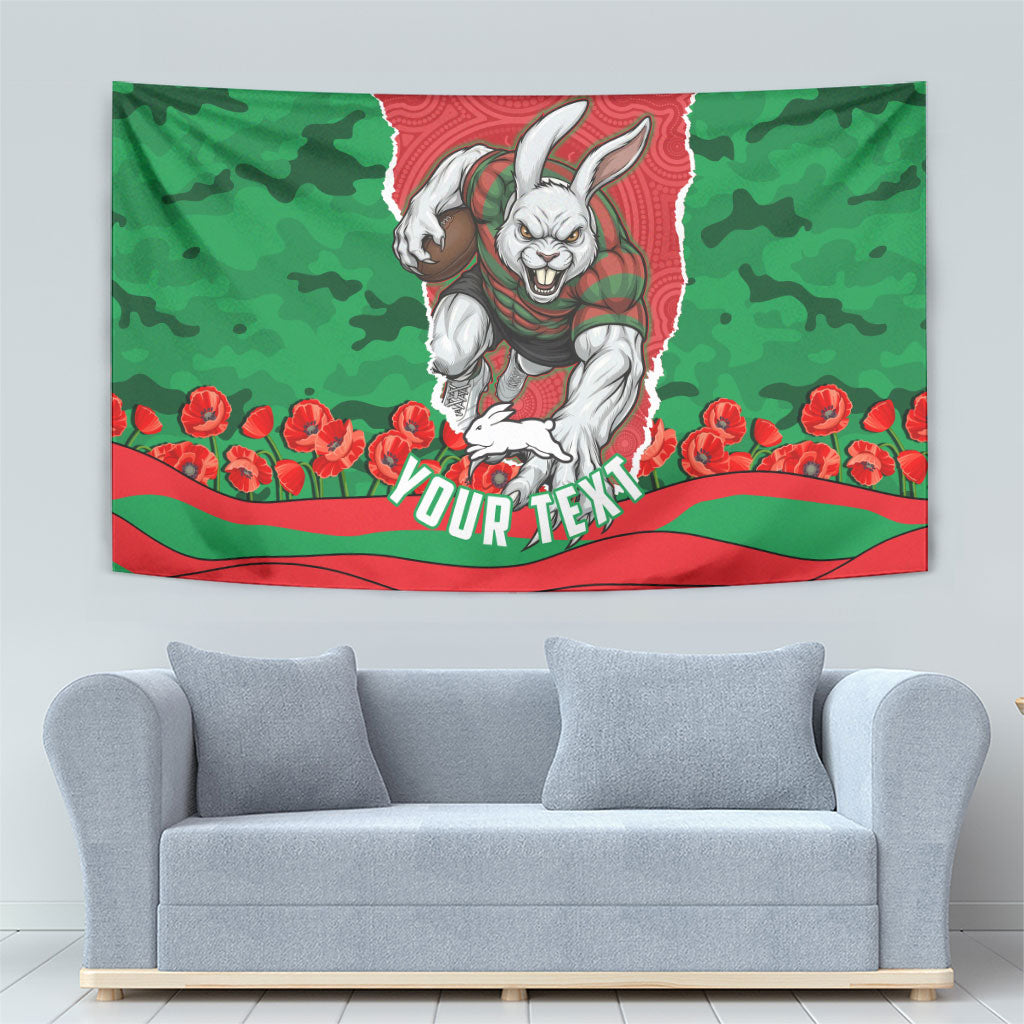 Personalized South Sydney Rabbitohs ANZAC Tribute Tapestry Poppy Field Soldier Silhouette Aboriginal Rugby Mascot