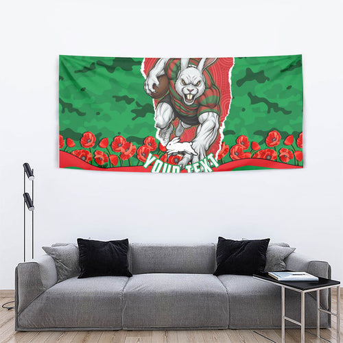 Personalized South Sydney Rabbitohs ANZAC Tribute Tapestry Poppy Field Soldier Silhouette Aboriginal Rugby Mascot