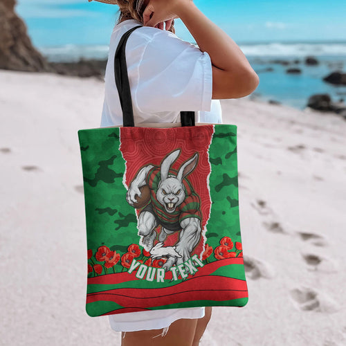 Personalized South Sydney Rabbitohs ANZAC Tribute Tote Bag Poppy Field Soldier Silhouette Aboriginal Rugby Mascot