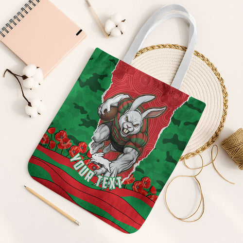 Personalized South Sydney Rabbitohs ANZAC Tribute Tote Bag Poppy Field Soldier Silhouette Aboriginal Rugby Mascot