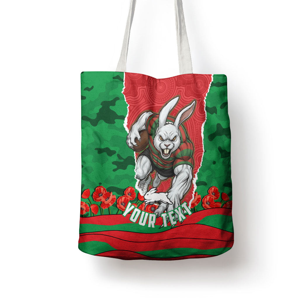 Personalized South Sydney Rabbitohs ANZAC Tribute Tote Bag Poppy Field Soldier Silhouette Aboriginal Rugby Mascot