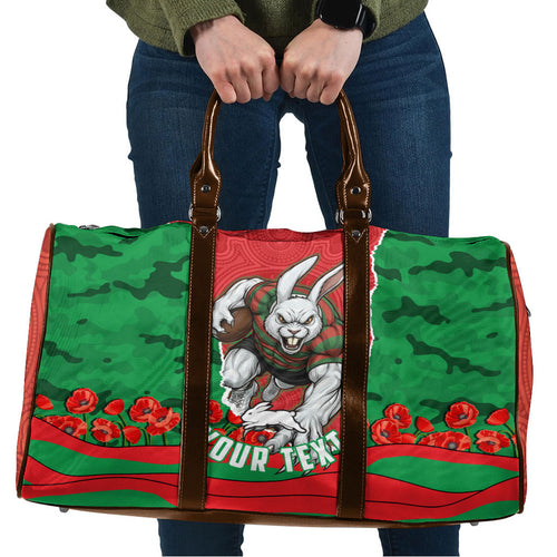 Personalized South Sydney Rabbitohs ANZAC Tribute Travel Bag Poppy Field Soldier Silhouette Aboriginal Rugby Mascot
