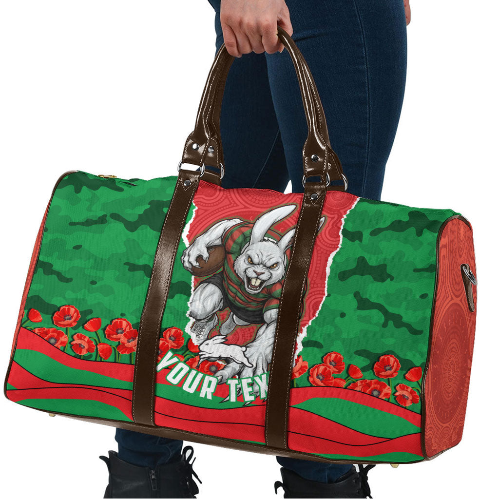 Personalized South Sydney Rabbitohs ANZAC Tribute Travel Bag Poppy Field Soldier Silhouette Aboriginal Rugby Mascot