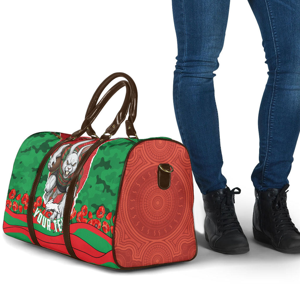 Personalized South Sydney Rabbitohs ANZAC Tribute Travel Bag Poppy Field Soldier Silhouette Aboriginal Rugby Mascot