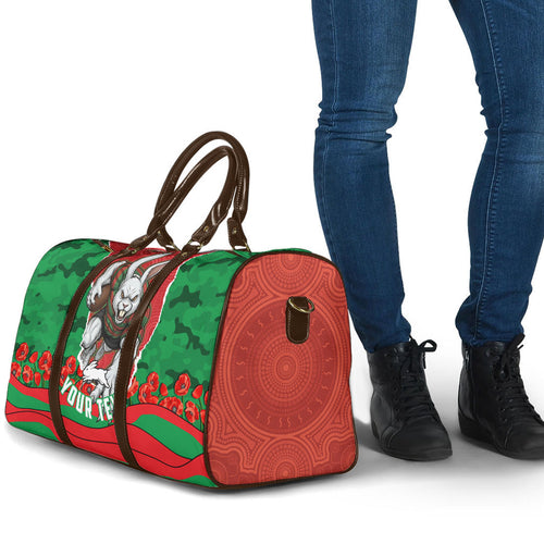 Personalized South Sydney Rabbitohs ANZAC Tribute Travel Bag Poppy Field Soldier Silhouette Aboriginal Rugby Mascot