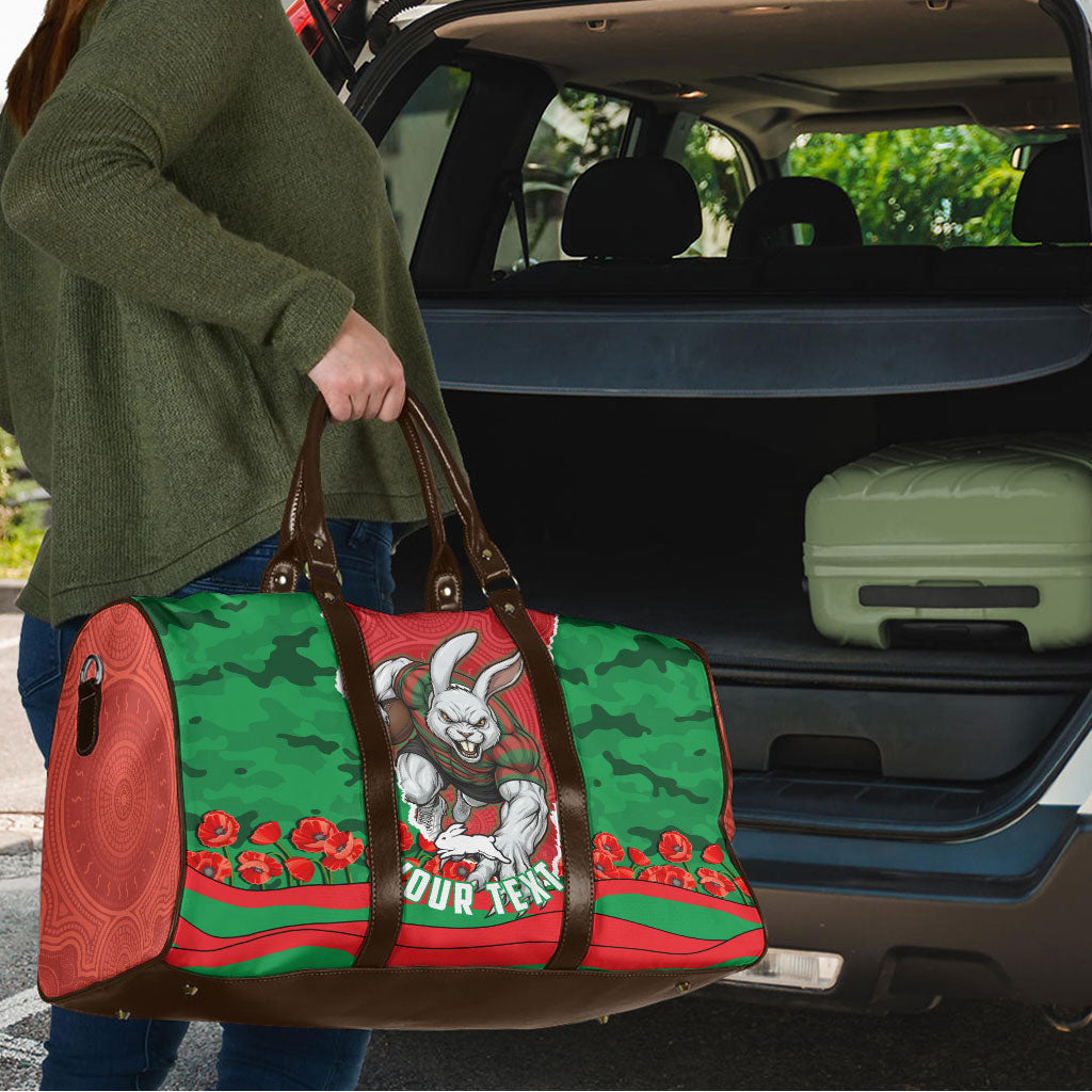 Personalized South Sydney Rabbitohs ANZAC Tribute Travel Bag Poppy Field Soldier Silhouette Aboriginal Rugby Mascot