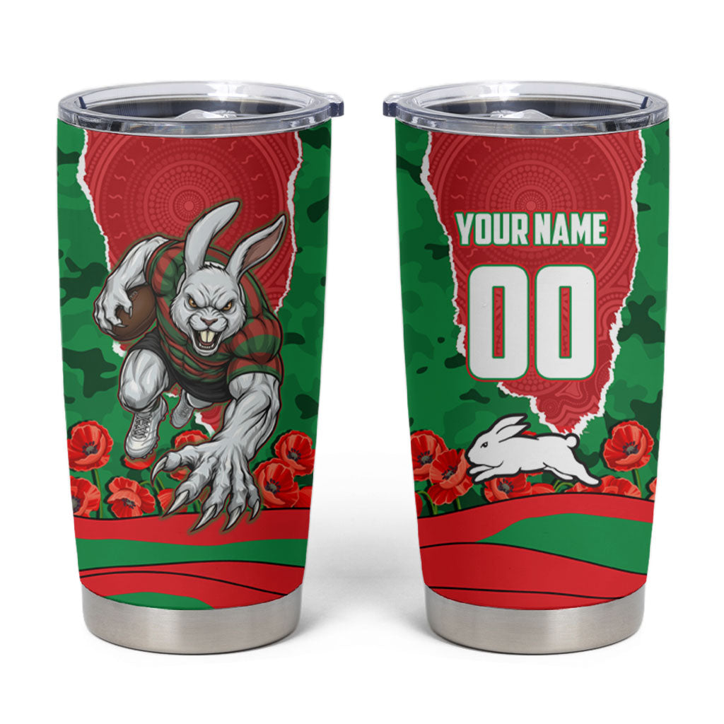 Personalized South Sydney Rabbitohs ANZAC Tribute Tumbler Cup Poppy Field Soldier Silhouette Aboriginal Rugby Mascot