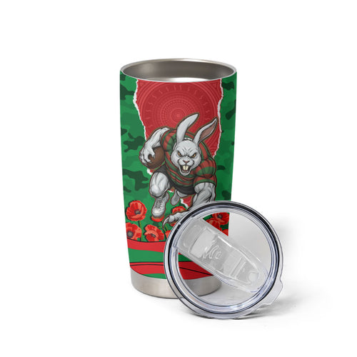 Personalized South Sydney Rabbitohs ANZAC Tribute Tumbler Cup Poppy Field Soldier Silhouette Aboriginal Rugby Mascot