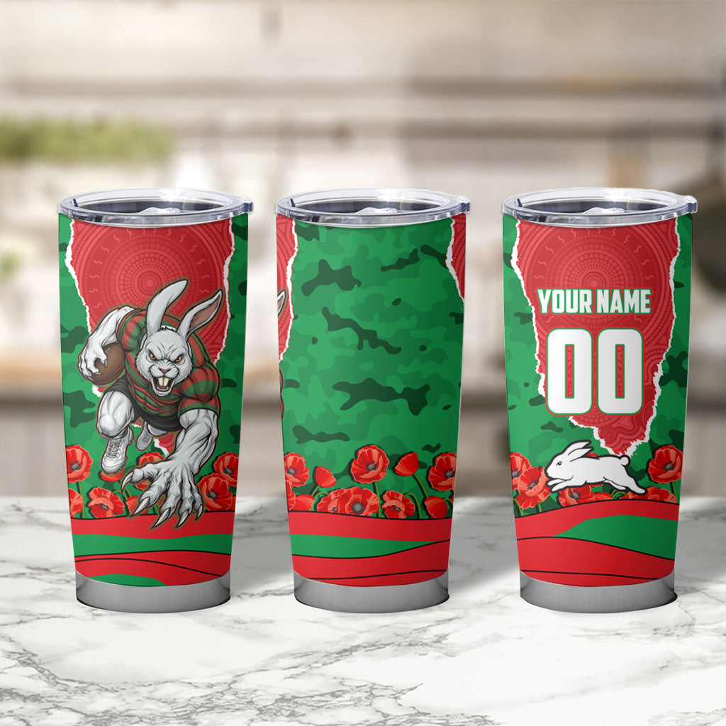 Personalized South Sydney Rabbitohs ANZAC Tribute Tumbler Cup Poppy Field Soldier Silhouette Aboriginal Rugby Mascot