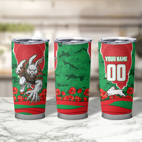 Personalized South Sydney Rabbitohs ANZAC Tribute Tumbler Cup Poppy Field Soldier Silhouette Aboriginal Rugby Mascot