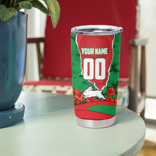 Personalized South Sydney Rabbitohs ANZAC Tribute Tumbler Cup Poppy Field Soldier Silhouette Aboriginal Rugby Mascot