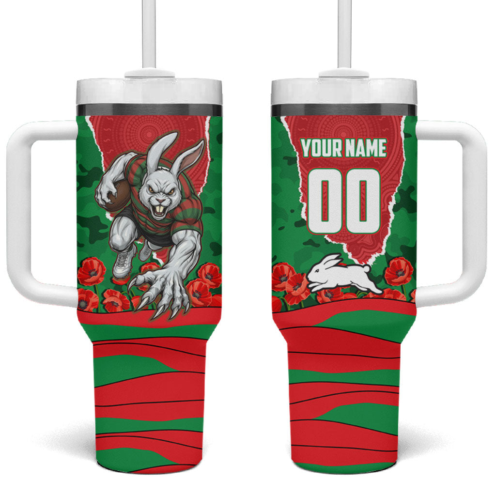 Personalized South Sydney Rabbitohs ANZAC Tribute Tumbler With Handle Poppy Field Soldier Silhouette Aboriginal Rugby Mascot