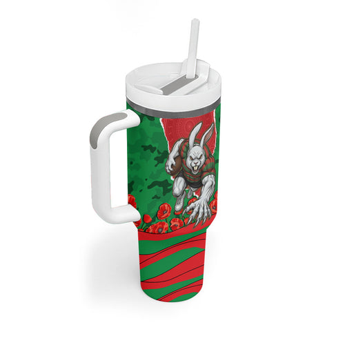 Personalized South Sydney Rabbitohs ANZAC Tribute Tumbler With Handle Poppy Field Soldier Silhouette Aboriginal Rugby Mascot