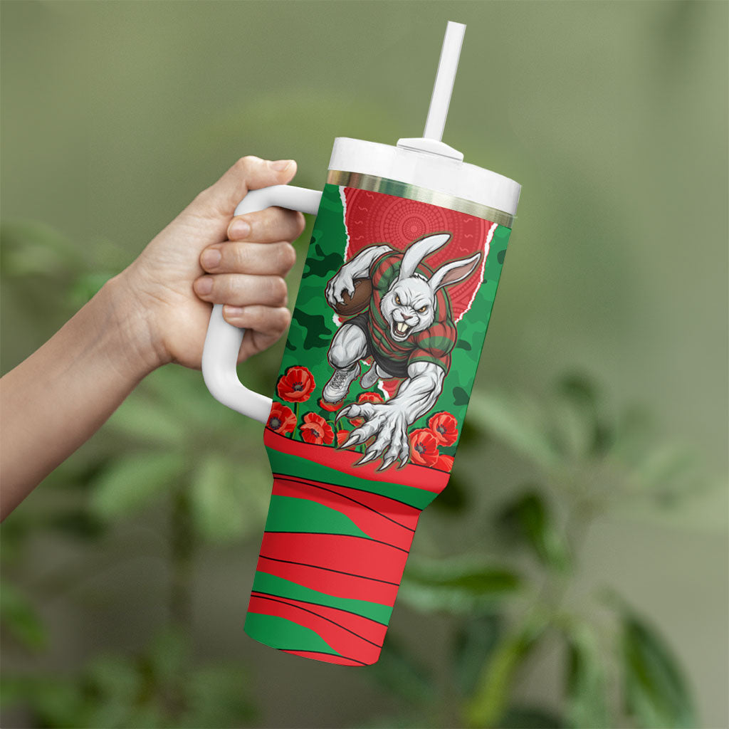 Personalized South Sydney Rabbitohs ANZAC Tribute Tumbler With Handle Poppy Field Soldier Silhouette Aboriginal Rugby Mascot