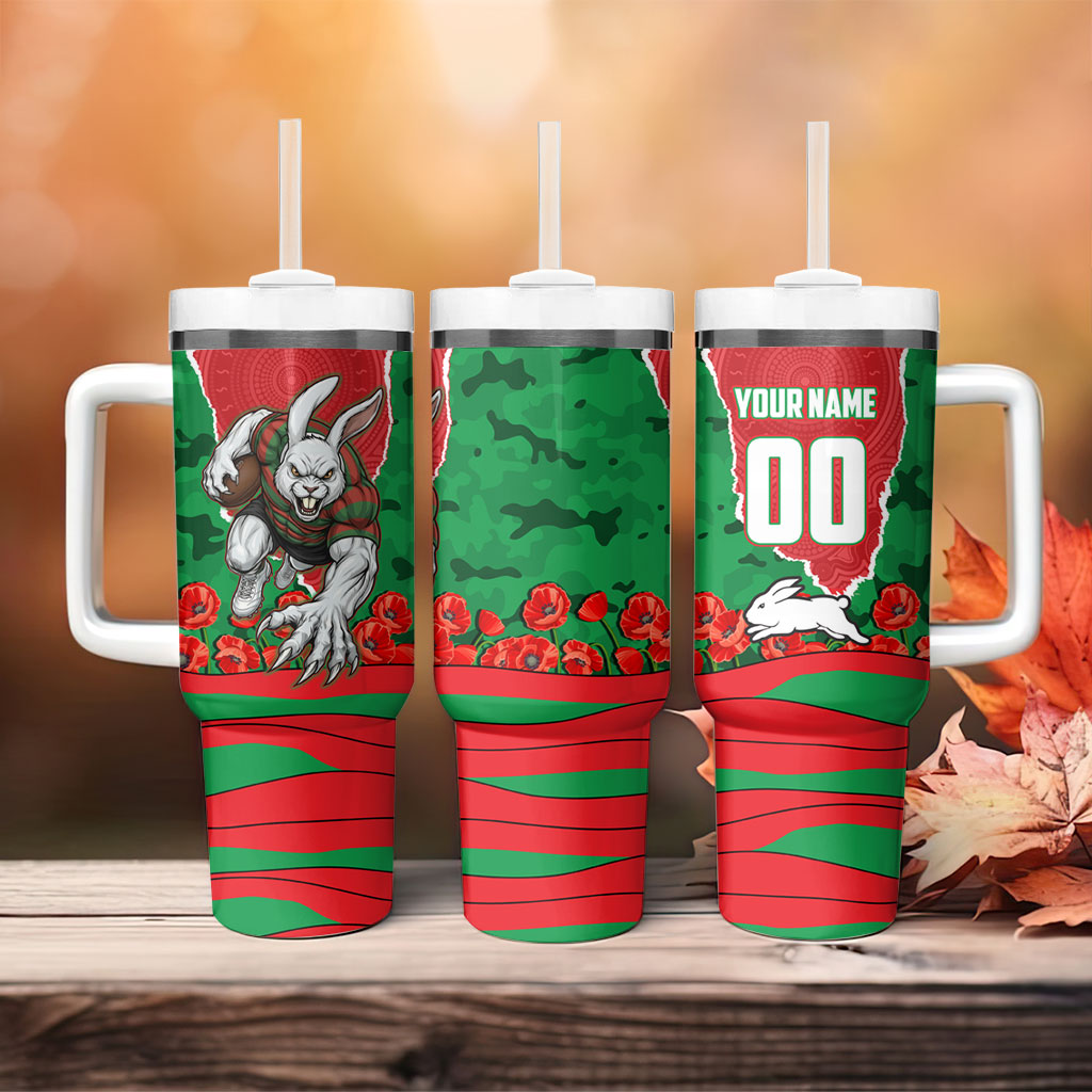 Personalized South Sydney Rabbitohs ANZAC Tribute Tumbler With Handle Poppy Field Soldier Silhouette Aboriginal Rugby Mascot