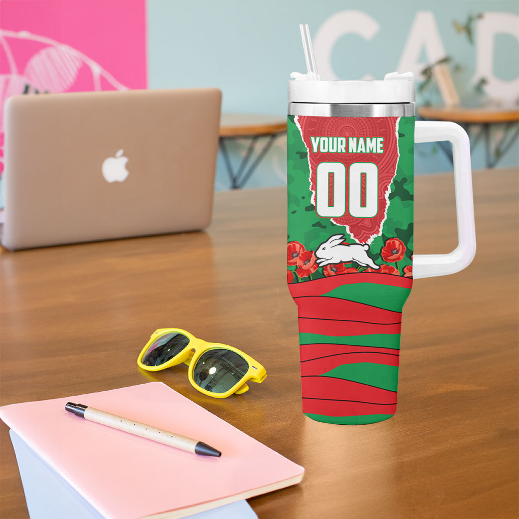 Personalized South Sydney Rabbitohs ANZAC Tribute Tumbler With Handle Poppy Field Soldier Silhouette Aboriginal Rugby Mascot