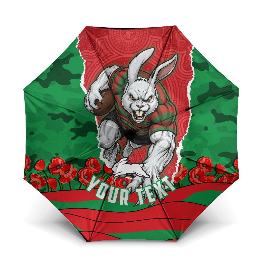 Personalized South Sydney Rabbitohs ANZAC Tribute Umbrella Poppy Field Soldier Silhouette Aboriginal Rugby Mascot