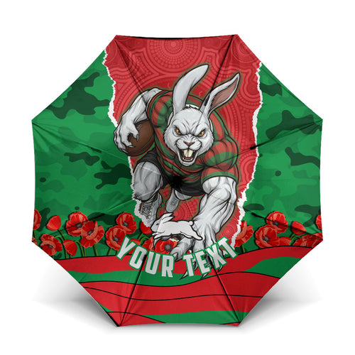 Personalized South Sydney Rabbitohs ANZAC Tribute Umbrella Poppy Field Soldier Silhouette Aboriginal Rugby Mascot