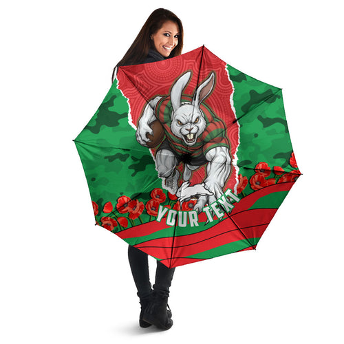 Personalized South Sydney Rabbitohs ANZAC Tribute Umbrella Poppy Field Soldier Silhouette Aboriginal Rugby Mascot