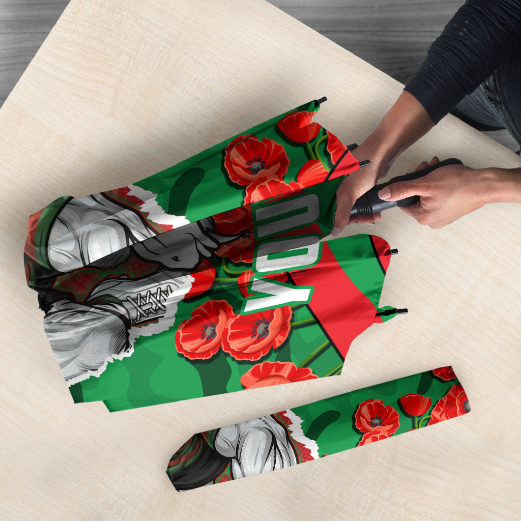 Personalized South Sydney Rabbitohs ANZAC Tribute Umbrella Poppy Field Soldier Silhouette Aboriginal Rugby Mascot