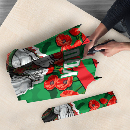 Personalized South Sydney Rabbitohs ANZAC Tribute Umbrella Poppy Field Soldier Silhouette Aboriginal Rugby Mascot