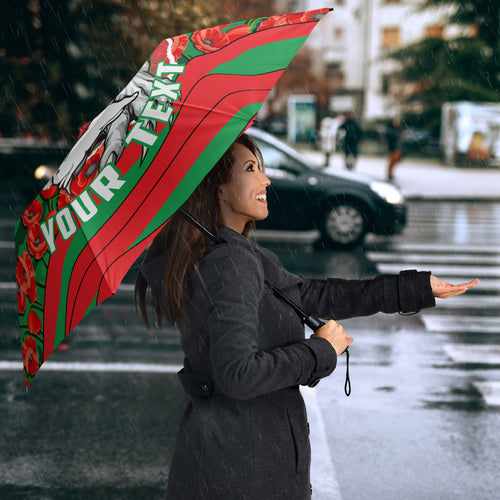 Personalized South Sydney Rabbitohs ANZAC Tribute Umbrella Poppy Field Soldier Silhouette Aboriginal Rugby Mascot