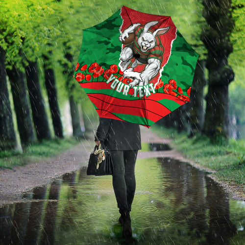 Personalized South Sydney Rabbitohs ANZAC Tribute Umbrella Poppy Field Soldier Silhouette Aboriginal Rugby Mascot