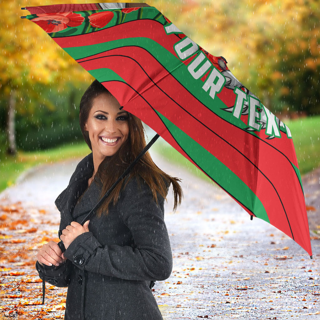 Personalized South Sydney Rabbitohs ANZAC Tribute Umbrella Poppy Field Soldier Silhouette Aboriginal Rugby Mascot