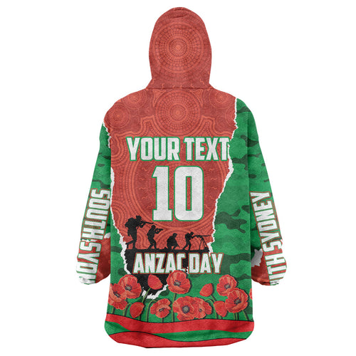 Personalized South Sydney Rabbitohs ANZAC Tribute Wearable Blanket Hoodie Poppy Field Soldier Silhouette Aboriginal Rugby Mascot