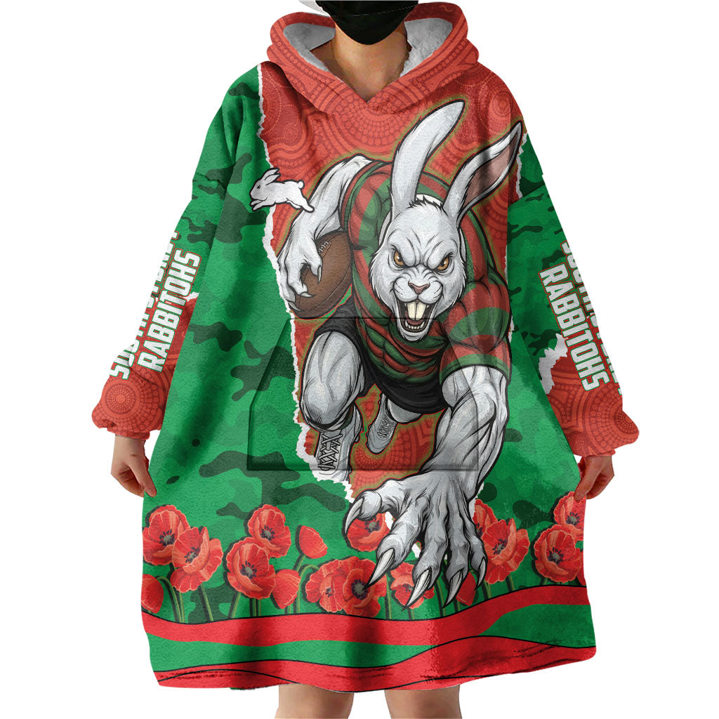 Personalized South Sydney Rabbitohs ANZAC Tribute Wearable Blanket Hoodie Poppy Field Soldier Silhouette Aboriginal Rugby Mascot