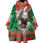 Personalized South Sydney Rabbitohs ANZAC Tribute Wearable Blanket Hoodie Poppy Field Soldier Silhouette Aboriginal Rugby Mascot