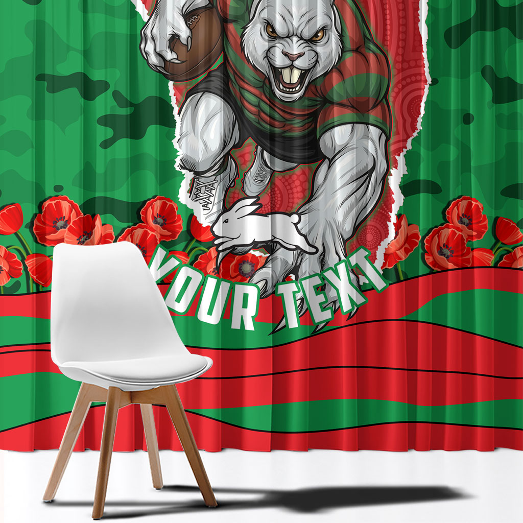 Personalized South Sydney Rabbitohs ANZAC Tribute Window Curtain Poppy Field Soldier Silhouette Aboriginal Rugby Mascot
